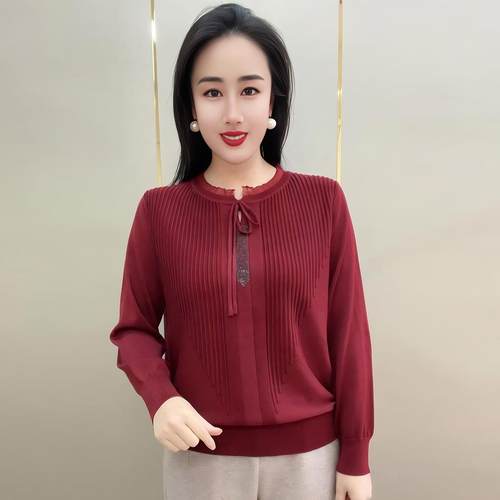 时尚圆领系带针织衫女宽松休闲显瘦洋气减龄春秋新款长袖烫钻上衣