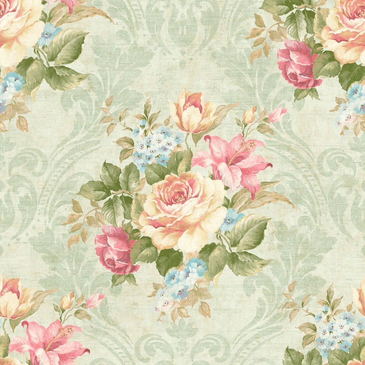 美国原装进口纯纸墙纸美式乡村绿色大马士革田园玫瑰花背景墙壁纸