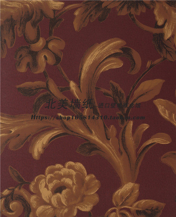 美国进口纯纸墙纸复古欧式红色卷纹莨苕叶客厅玄关电视背景墙壁纸