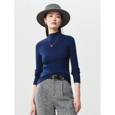 可机洗 100绵羊毛坑条细腻光滑纯色羊毛衫修身显瘦半高领打底衫女