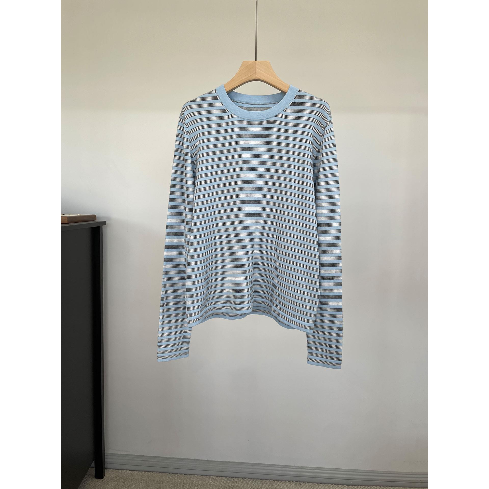 肯豆同款～r*w风精纺羊绒匹马棉细条纹针织T恤松弛老钱