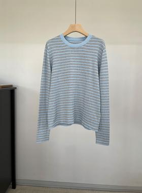 肯豆同款～r*w风精纺羊绒匹马棉细条纹针织T恤松弛老钱