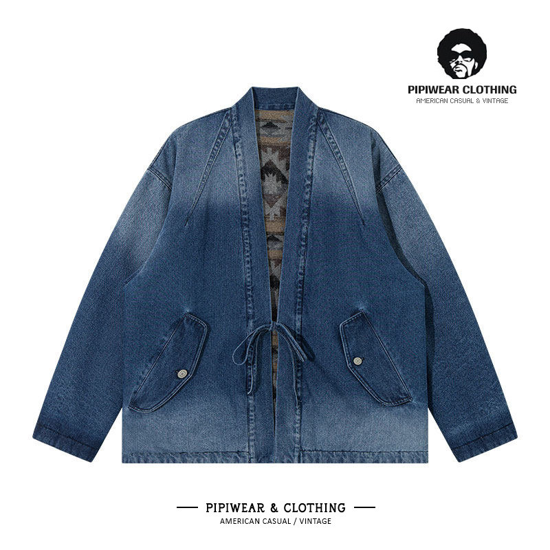 秋季新款民族风提花双面穿道袍牛仔夹克廓形系带开衫秋天外套男款