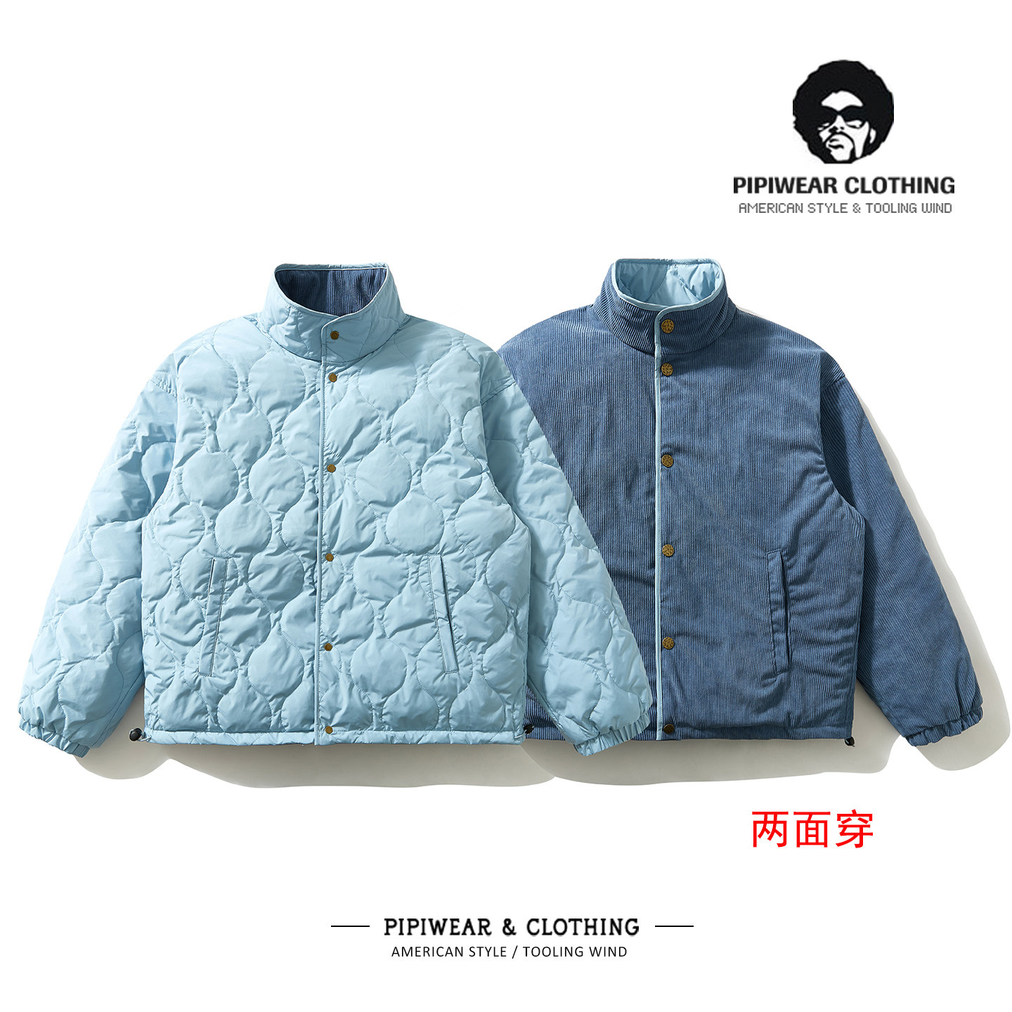 蓝色葫芦纹两面穿灯芯绒短款羽绒服男