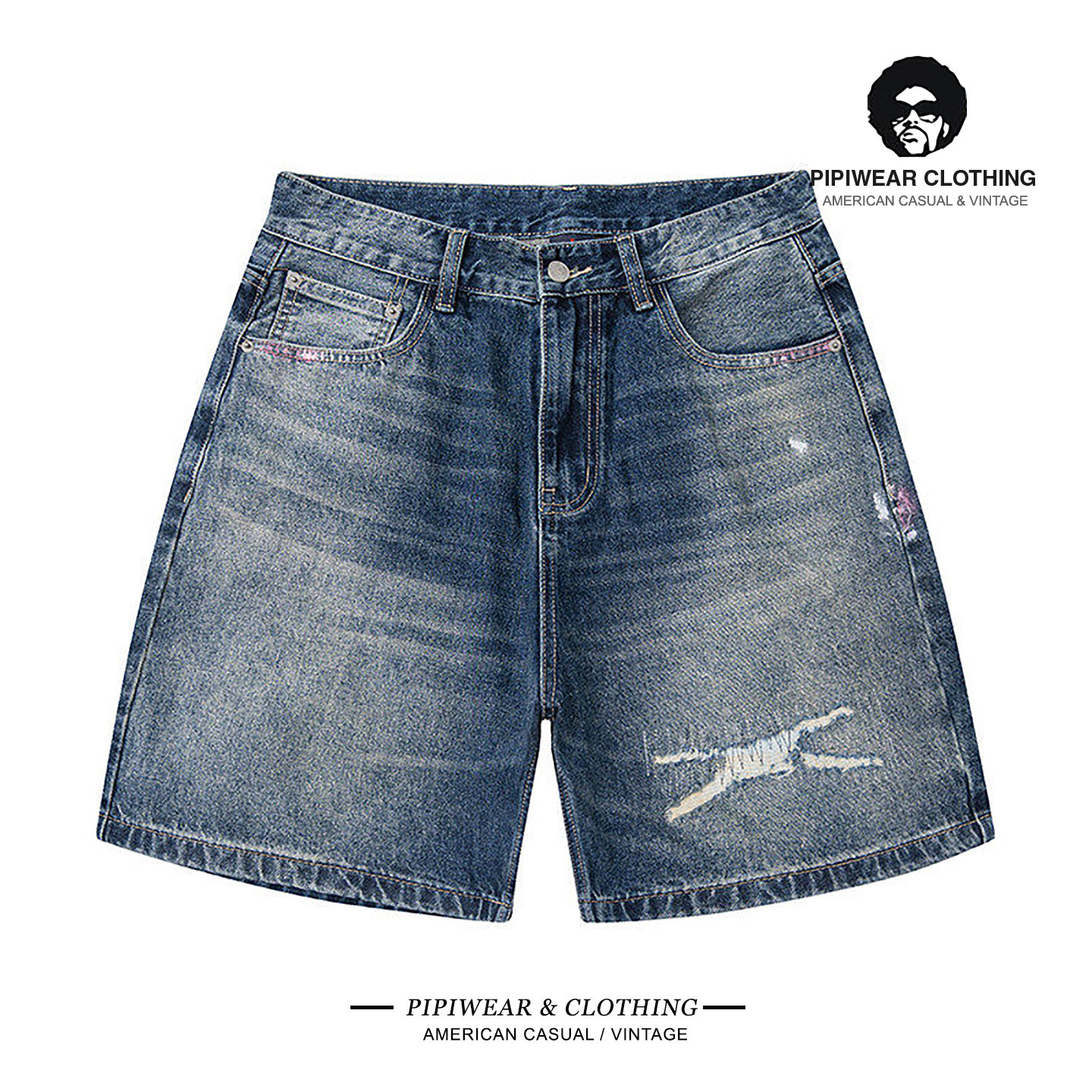 潮牌复古夏季水洗手工吊磨牛仔短裤男高街阔腿五分裤夏天直筒中裤