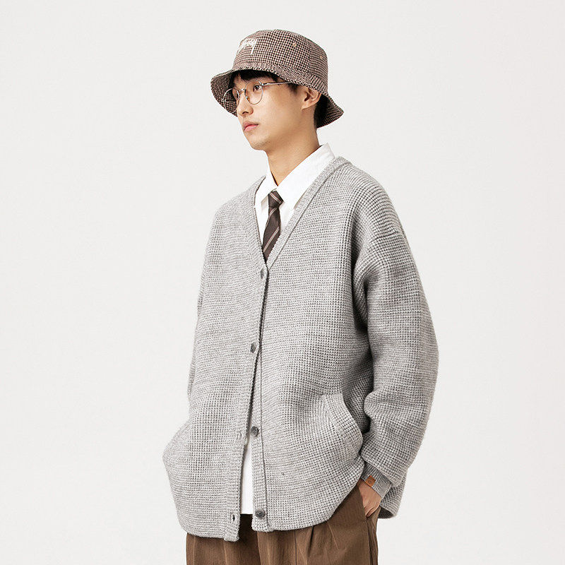 早秋开衫V领华夫格毛衣男高级感痞帅休闲针织衫秋冬季百搭线衫潮