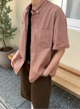 夏季美式复古红色格子布短袖衬衫男纯棉透气衬衣夏天宽松半袖寸衫