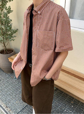 红色格子布短袖衬衫男士宽松衬衣