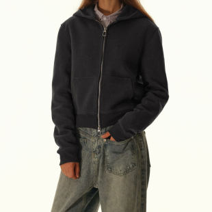 秋季简约休闲美式小版型显瘦开衫连帽卫衣男秋季短款运动帽衫外套