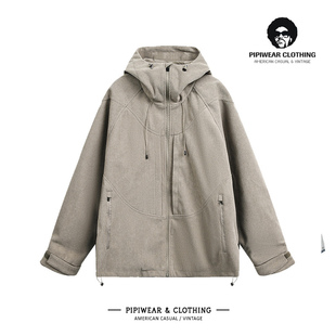 秋季复古户外灯芯绒解构拼接连帽夹克男秋天宽松机能风冲锋衣外套