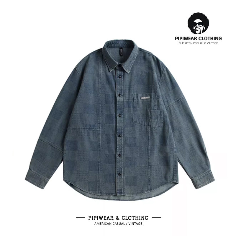 春天潮牌格纹金属贴标衬衣水洗牛仔蓝色衬衫男日系少年感长袖寸衫,男装,衬衫,淘宝优惠券,粉丝福利购,淘宝优惠卷