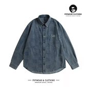 寸衫 春天潮牌格纹金属贴标衬衣水洗牛仔蓝色衬衫 男日系少年感长袖