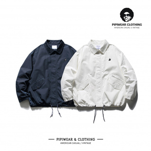 春季藏蓝色飘带美式教练夹克外套男2024新款简约潮牌白色上衣男潮