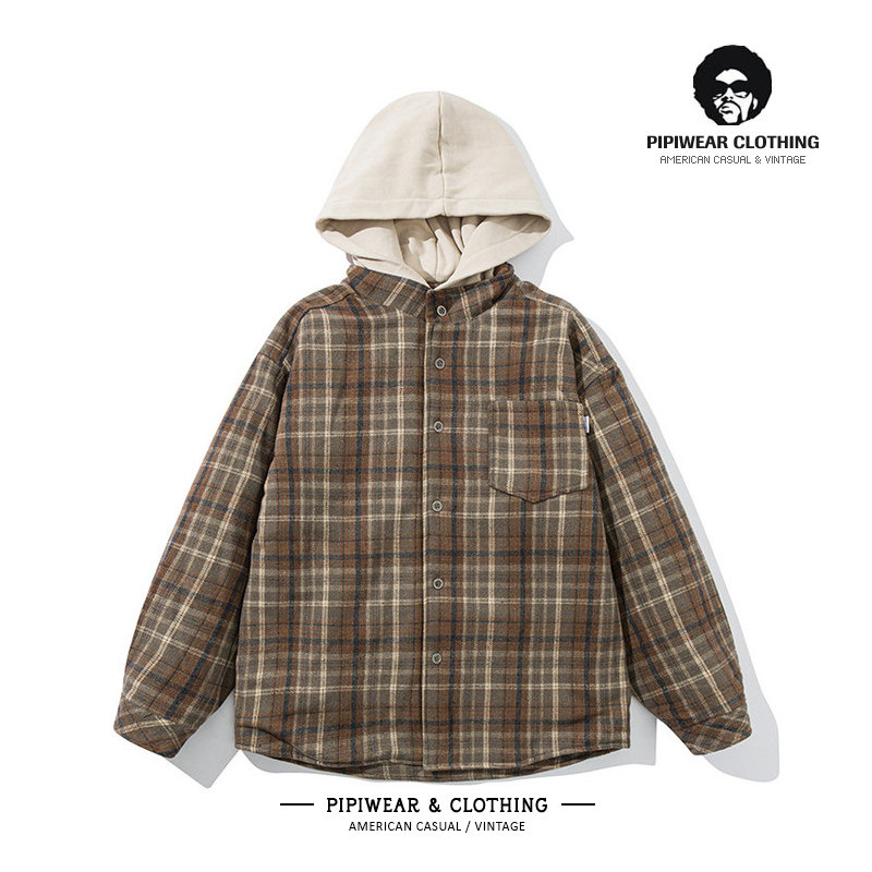 复古格子冬天男外套棉服撞色连帽保暖棉衣冬季日系宽松百搭棉袄子