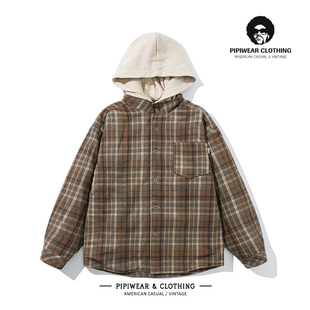 复古格子冬天男外套棉服撞色连帽保暖棉衣冬季日系宽松百搭棉袄子
