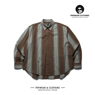 美式复古秋天撞色格纹拼接长袖衬衣纯棉透气廓形衬衫秋季休闲寸衫