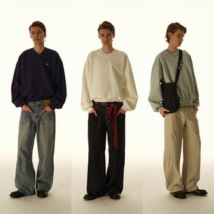 秋天简约350G重磅白色V领套头衫秋季运动百搭短卫衣男款美式高街