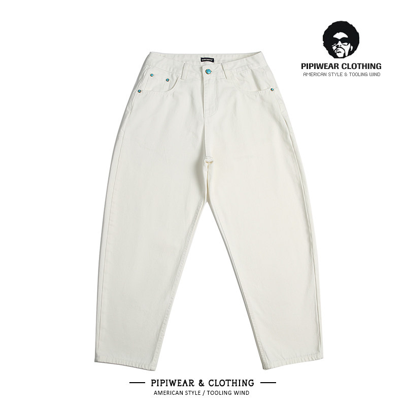 复古绿玛瑙扣子设计感休闲裤百搭白色裤子男微锥弯刀长裤潮牌男裤