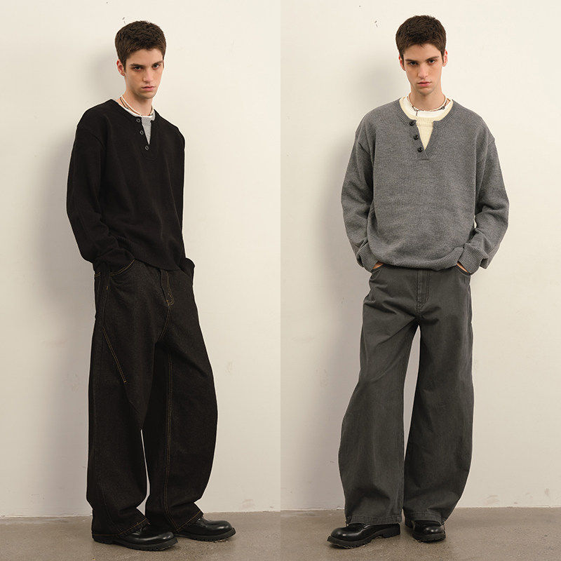 早秋复古黑色亨利领针织衫假两件撞色毛衣男秋冬季宽松慵懒风线衫