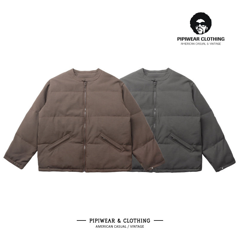 冬天日系潮牌无领男士2026新款羽绒服冬季高级感粗纺抗寒保暖外套