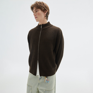 美式复古外穿咖色立领开衫毛衣男短款帅气针织衫外套宽松长袖线衫
