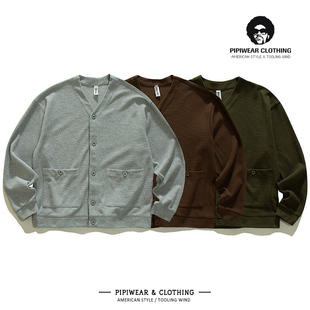 日系复古V领华夫格咖啡色针织开衫外套春天春季慵懒叠穿夹克上衣