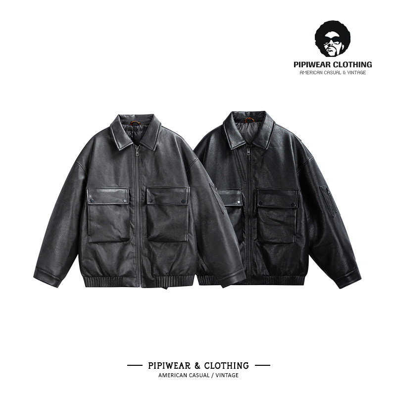 加厚翻领工装PU皮衣羽绒服外套男