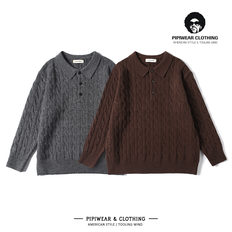 Polo领麻花毛衣男