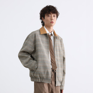 秋季潮流复古老钱风撞色翻领工装夹克千鸟格短款休闲秋天外套男款