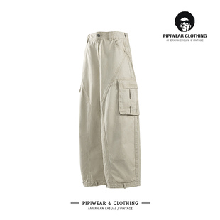 复古拼接多口袋工装裤子男青少年直筒休闲裤阔腿显瘦长裤宽松男裤