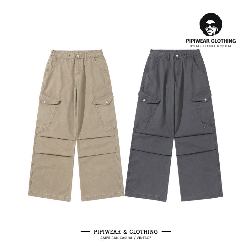 日系多口袋工装裤子男卡其色休闲裤双褶伞兵男裤百搭直筒阔腿长裤,男装,休闲裤,淘宝优惠券,粉丝福利购,淘宝优惠卷