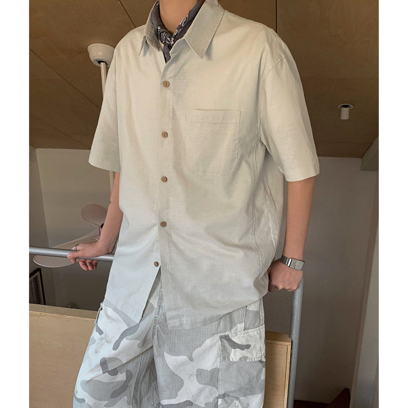 纯色亚麻短袖衬衫男款松弛感衬衣