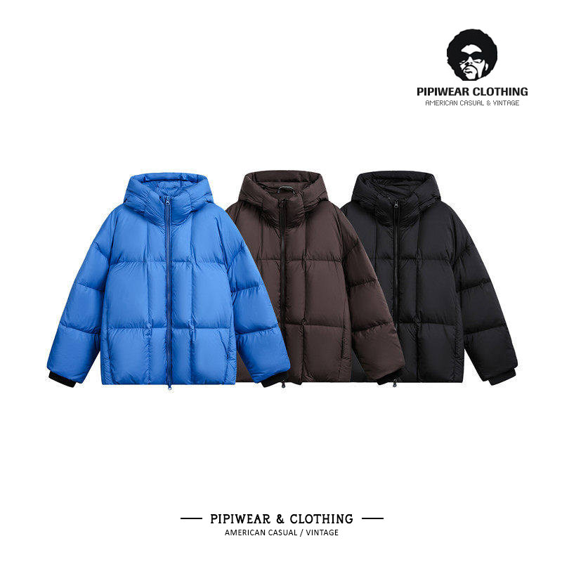 2025冬季新款蓝色连帽羽绒服男高充绒量潮牌复古冬天抗寒保暖外套