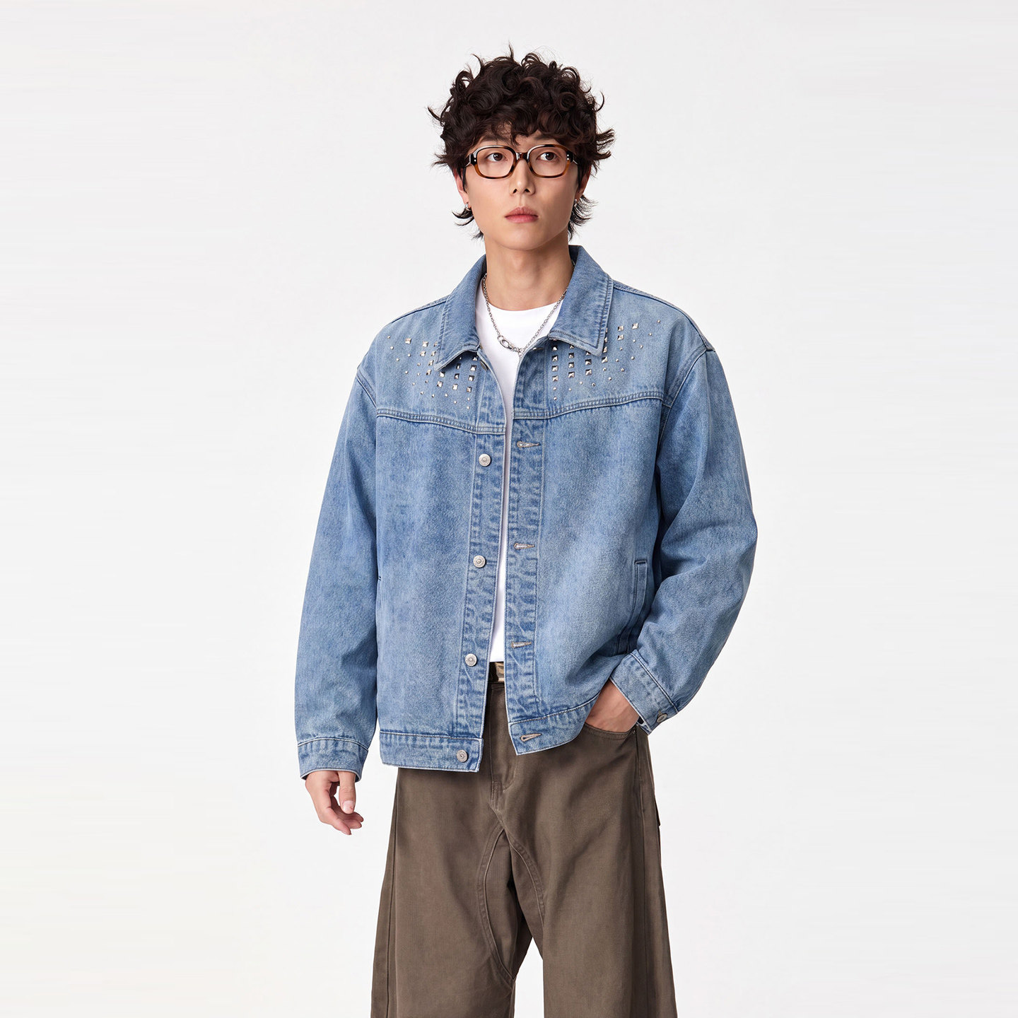 烫钻设计牛仔外套男做旧水洗夹克