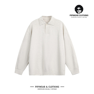 秋冬季复古纯色POLO领针织衫老钱风男式宽松套头毛衣早秋休闲线衫