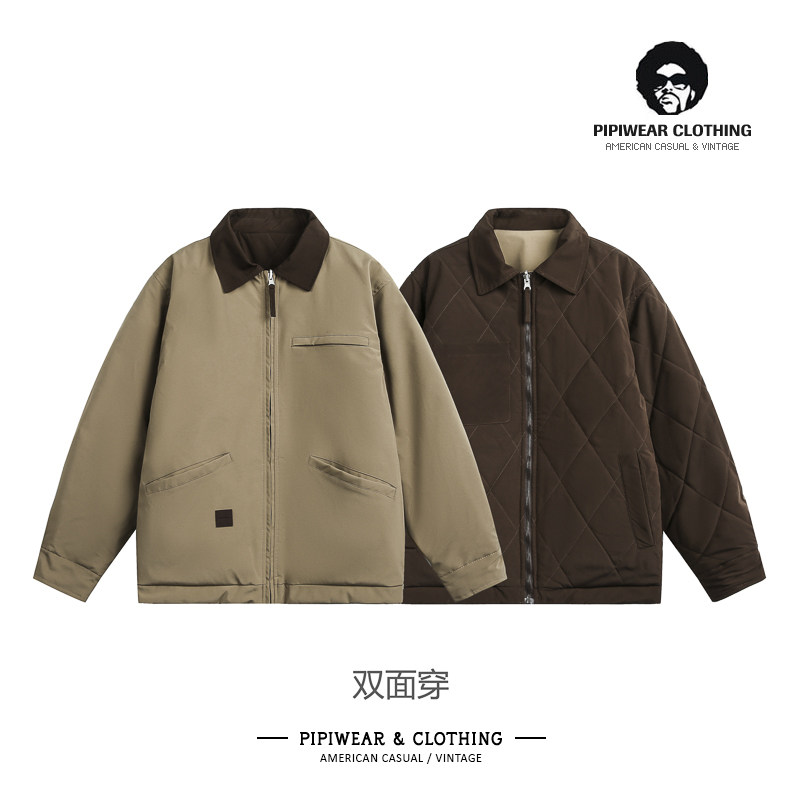 冬天双面穿男士帅气棉衣外套巴恩风翻领夹克棉服冬季拼接工装棉袄