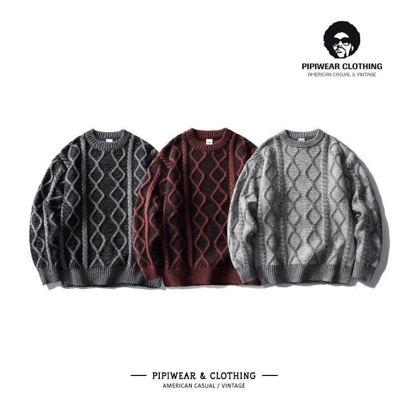 早秋慵懒风圆领麻花撞色针织衫男2025新款潮流毛衣秋冬季百搭线衫