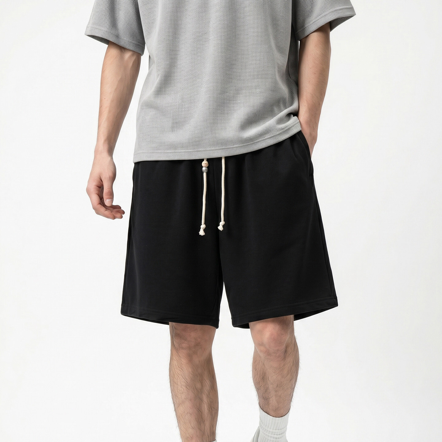 夏季日系腰果花拼接口袋装饰短裤针织垂感中裤男青少年夏天五分裤