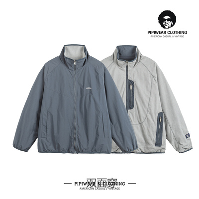 双面穿立领外套男华夫格抓绒夹克