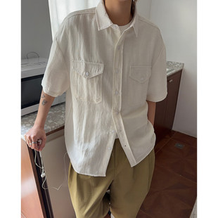 透气休闲衬衫 老钱风棉麻衬衫 男短袖