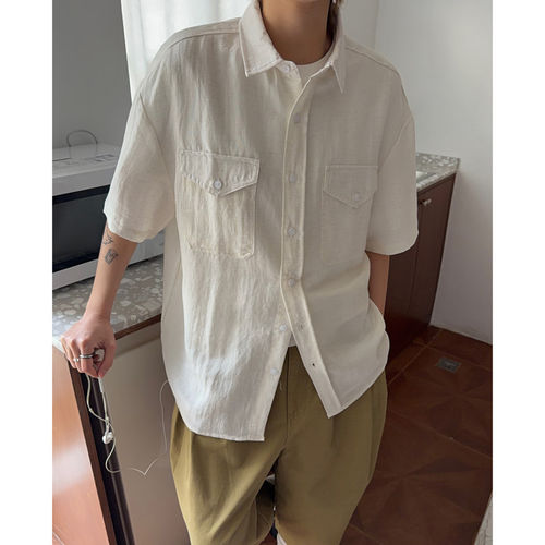 亚麻短袖工装衬衫男士老钱风衬衣