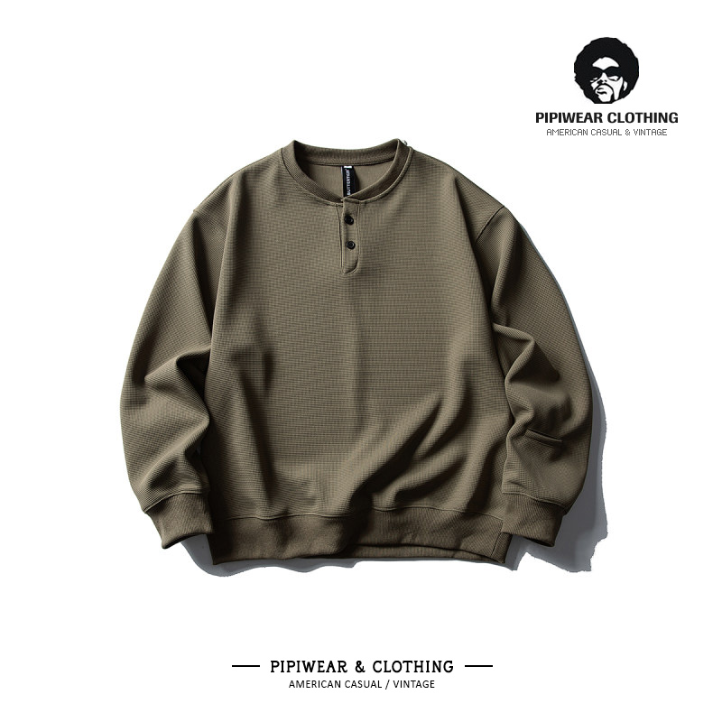 华夫格亨利领内搭套头衫长袖卫衣