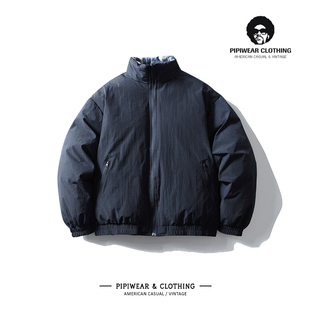 冬天日系复古双面穿格纹立领棉衣外套男士冬季高级感棉服保暖棉袄