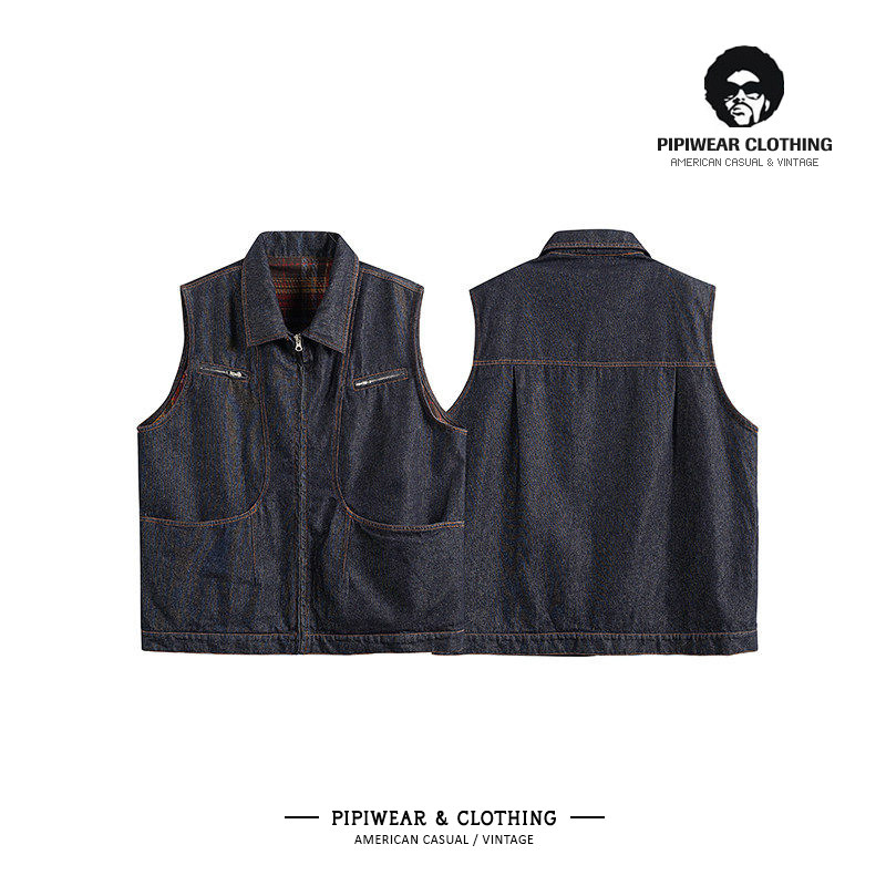2026春天新款美式复古多口袋水洗牛仔马甲背心男春季工装无袖坎肩