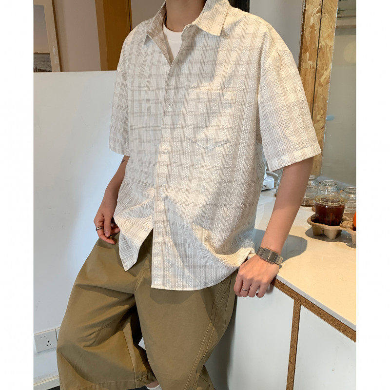 格子衬衫短袖男士慵懒风百搭衬衣