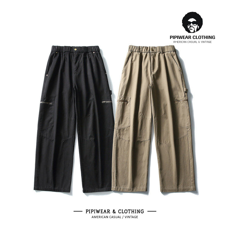 日系citboy纯棉男裤拉链口袋工装休闲裤宽松慵懒风阔腿裤子男长裤