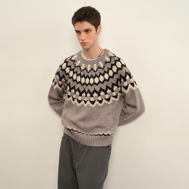 提花圆领套头毛衣羊毛混纺针织衫