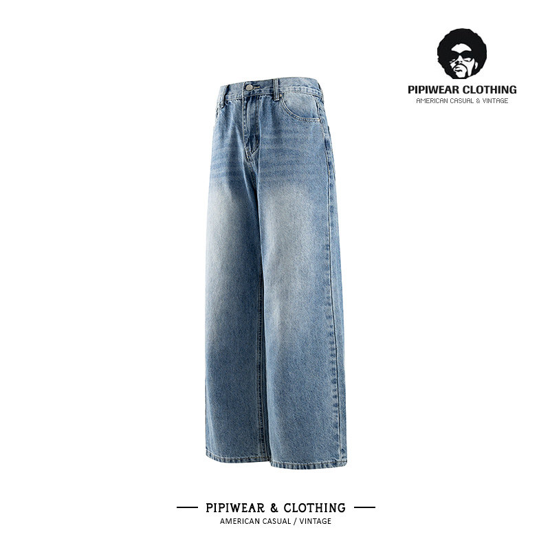 美式痞帅炸街牛仔裤水洗蓝色阔腿休闲裤宽松百搭长裤潮牌直筒男裤