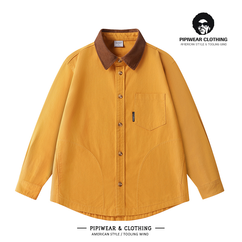 灯芯绒拼接长袖衬衣男士工装衬衫