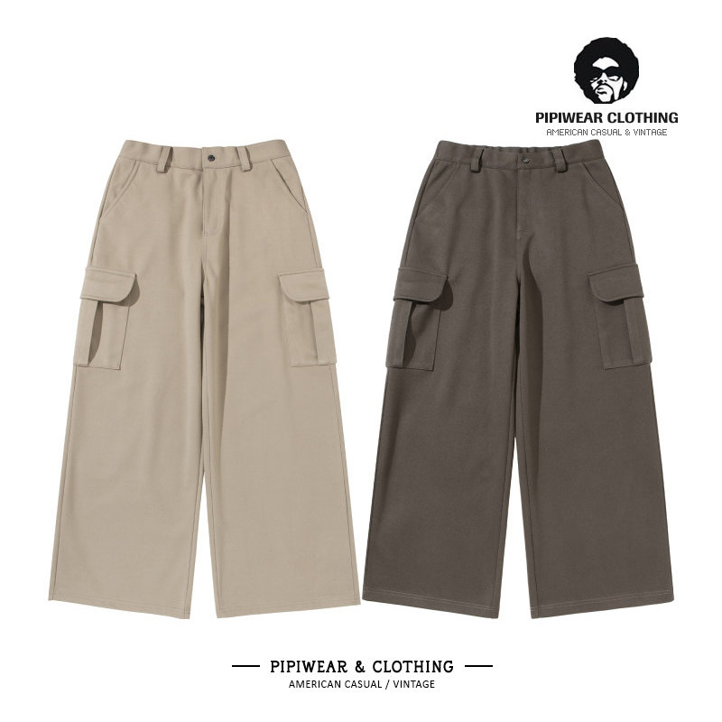 呢料加厚口袋工装男裤阔腿休闲裤